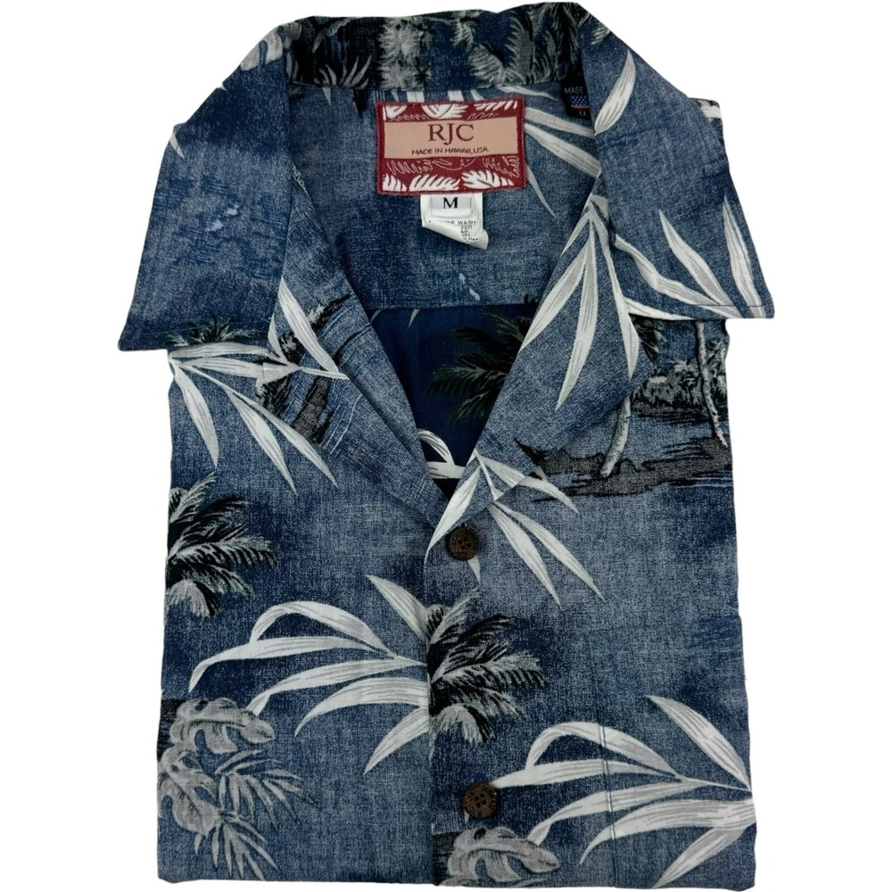 RJC Hawaii Blue Palm Short Sleeve Cotton Button Up Shirt Mens Size Medium